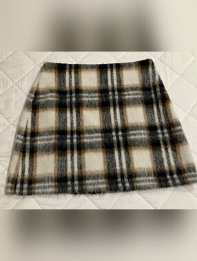 LOFT Plaid Faux-Fur Mini Skirt in Cream, Black and Tan